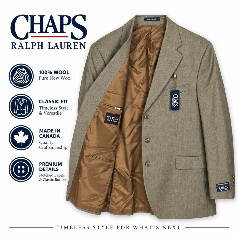 Chaps Ralph Lauren Sport Coat Men 44L Brown Olive Wool Blazer 3 Button Lined NEW